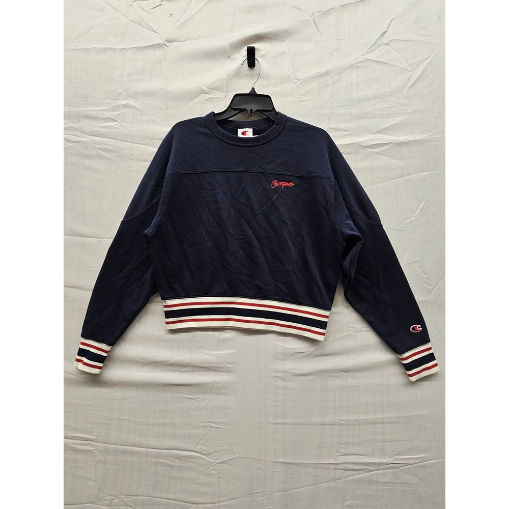 Champion Elective Cropped Crew Sweatshirt Navy Blue Striped XS CPW253TL03001